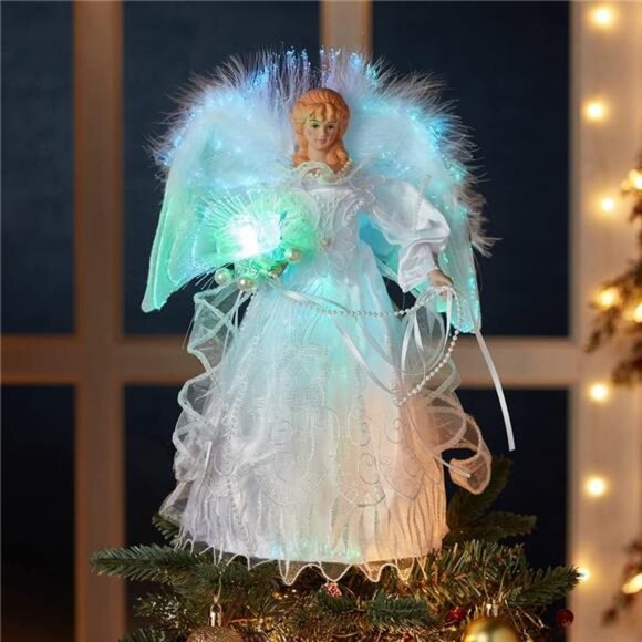Kurt Adler 12-Inch White and Silver Fiber Optic LED Angel Treetop - Picture 2 of 3